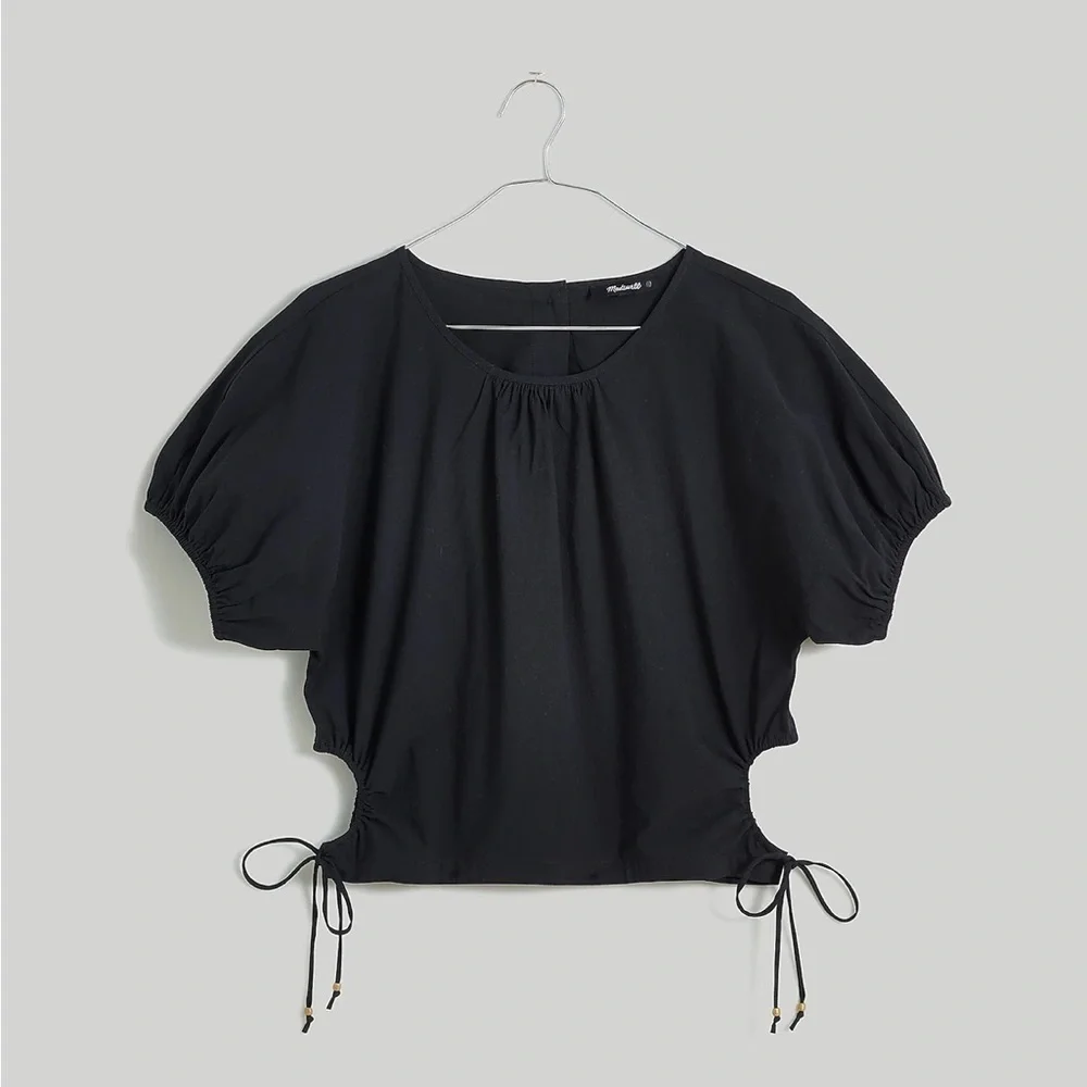 Madewell Embroidered Poplin Puff-Sleeve Cutout Crop Top true black